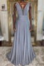 Gray v neck tulle sequin long Formal Prom dress, gray evening dress