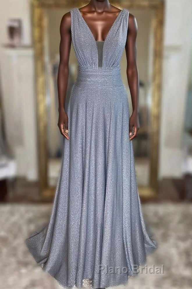 Gray v neck tulle sequin long Formal Prom dress, gray evening dress