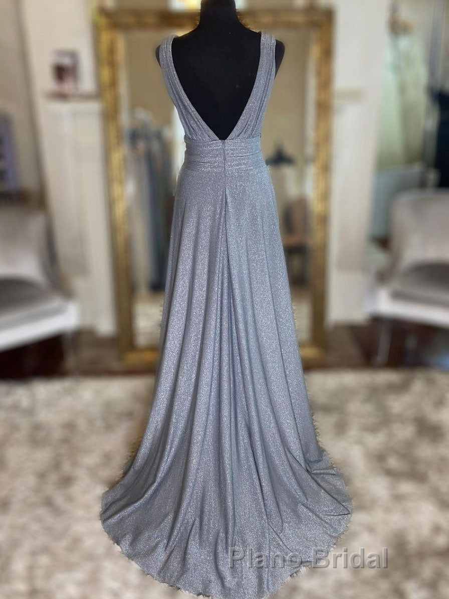 Gray v neck tulle sequin long Formal Prom dress, gray evening dress