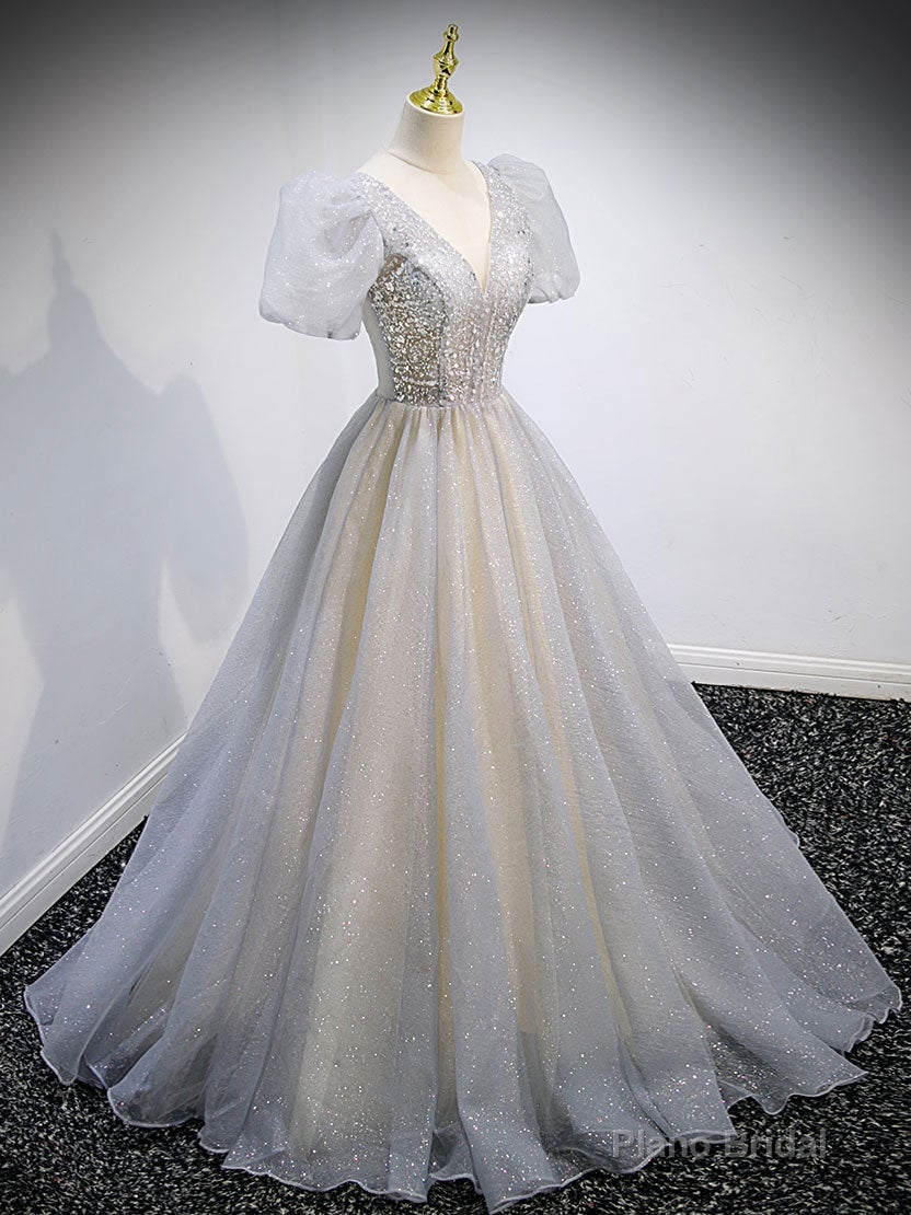 Gray v neck tulle sequin long prom dress, gray tulle formal dress