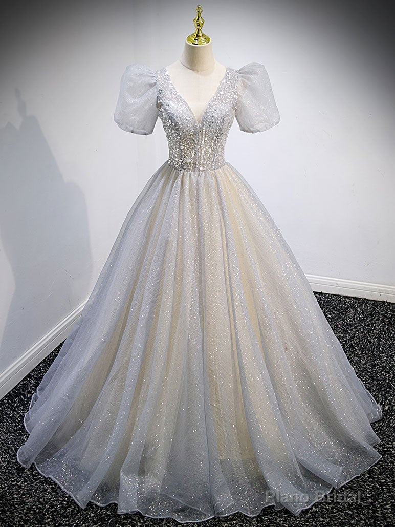 Gray v neck tulle sequin long prom dress, gray tulle formal dress Main image