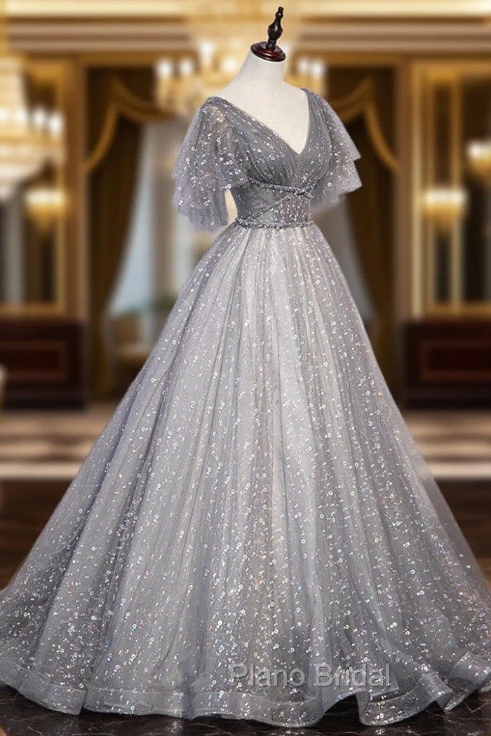 Gray V-Neck Tulle Sequins Long Formal Prom Dresses, A-Line Short Sleeve Evening Dresses