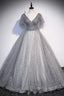Gray V-Neck Tulle Sequins Long Formal Prom Dresses, A-Line Short Sleeve Evening Dresses