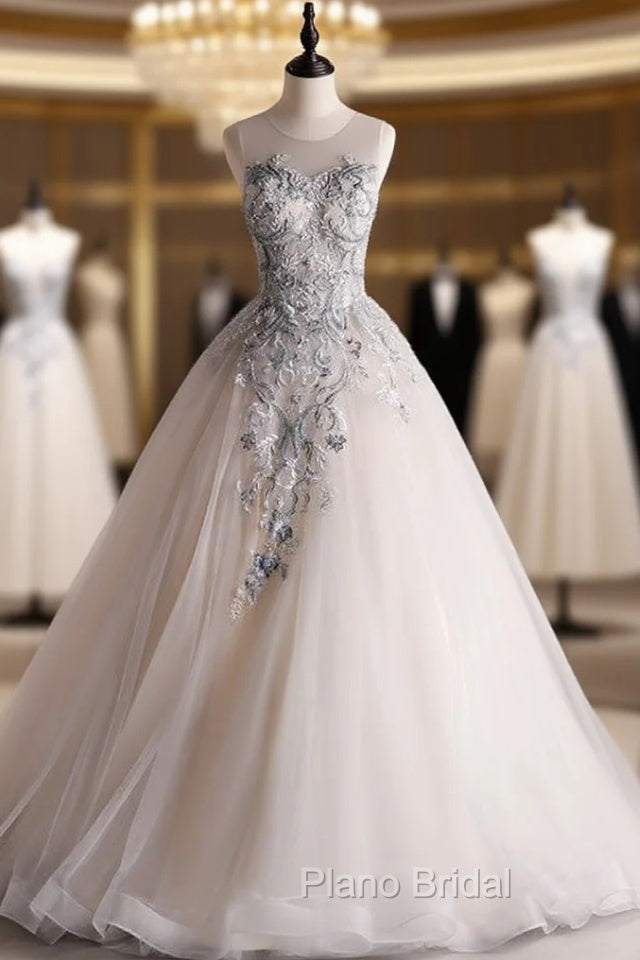 Gray White Tulle Appliques Beading Backless Quinceanera Dresses Main image