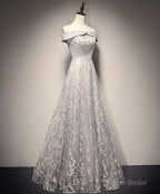 Gray White Tulle Lace Long Prom Dress Tulle Lace Formal Dress