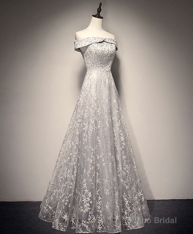 Gray White Tulle Lace Long Prom Dress Tulle Lace Formal Dress