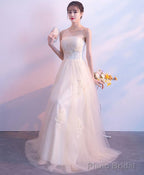 Champagne Lace Tulle Long Prom Dress Champagne Evening Dress 1