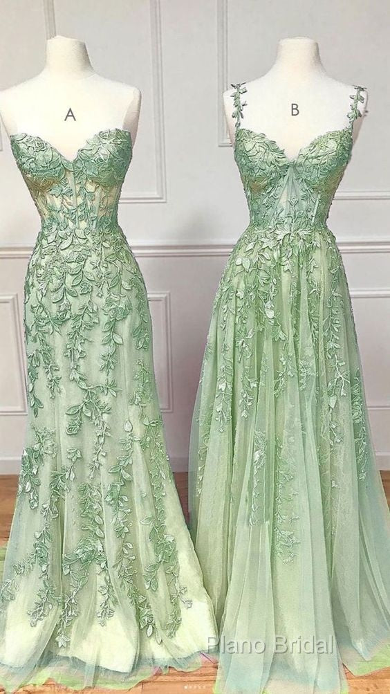 Green A Line Applique Mermaid Lace Long Formal Prom Dresses Secondary image