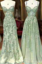 Green A Line Applique Mermaid Lace Long Formal Prom Dresses