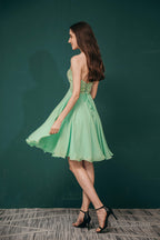 A-line Embroidery Chiffon Short Strapless Corset Back Beaded Homecoming Dresses