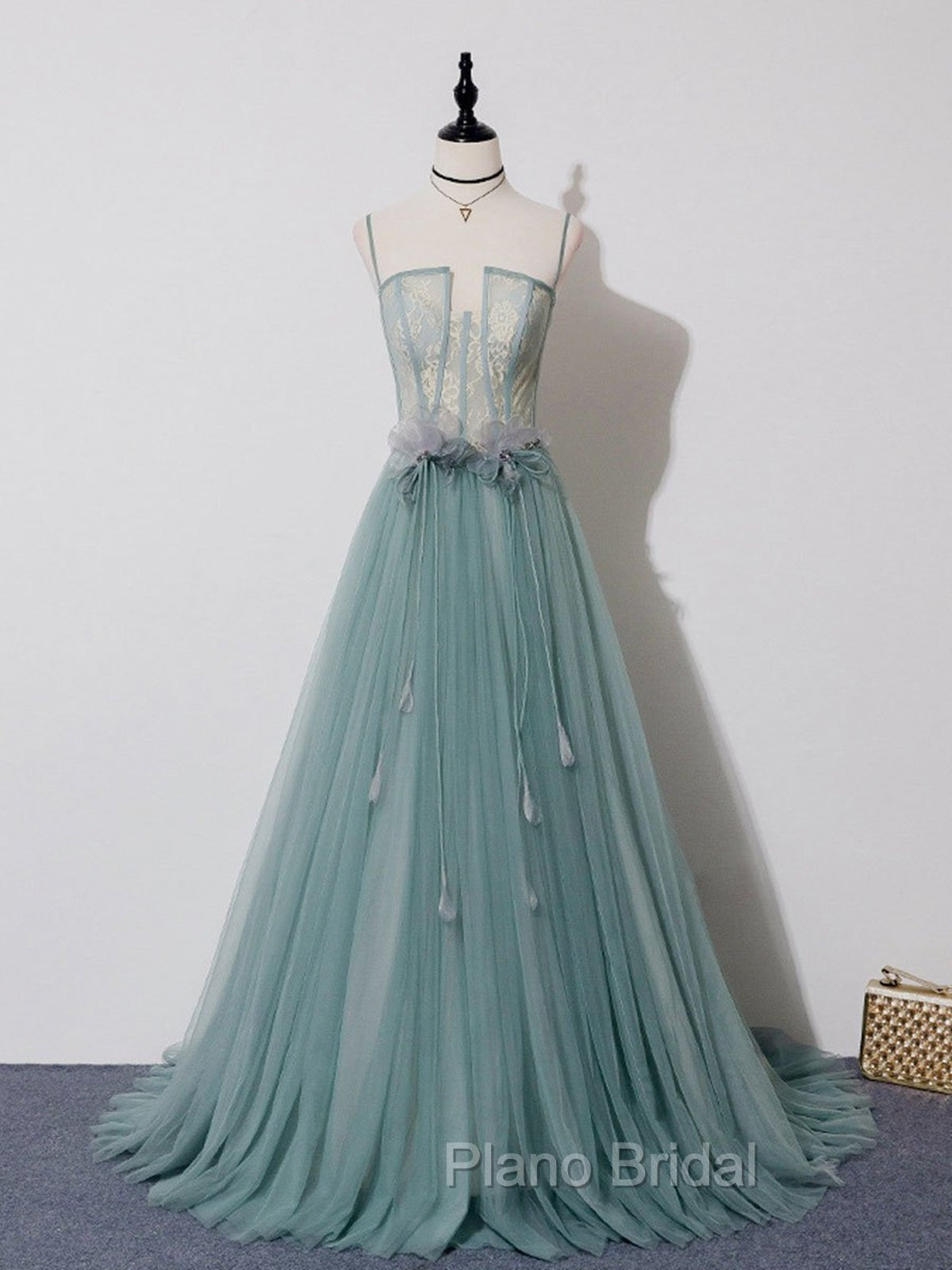 Green A Line Lace Long Formal Prom Dresses, A Line Green Lace Long Formal Evening Dresses