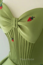 Green A-Line Long Formal Prom Dresses Strawberry Lace, Lovely Short Sleeve Evening Dresses