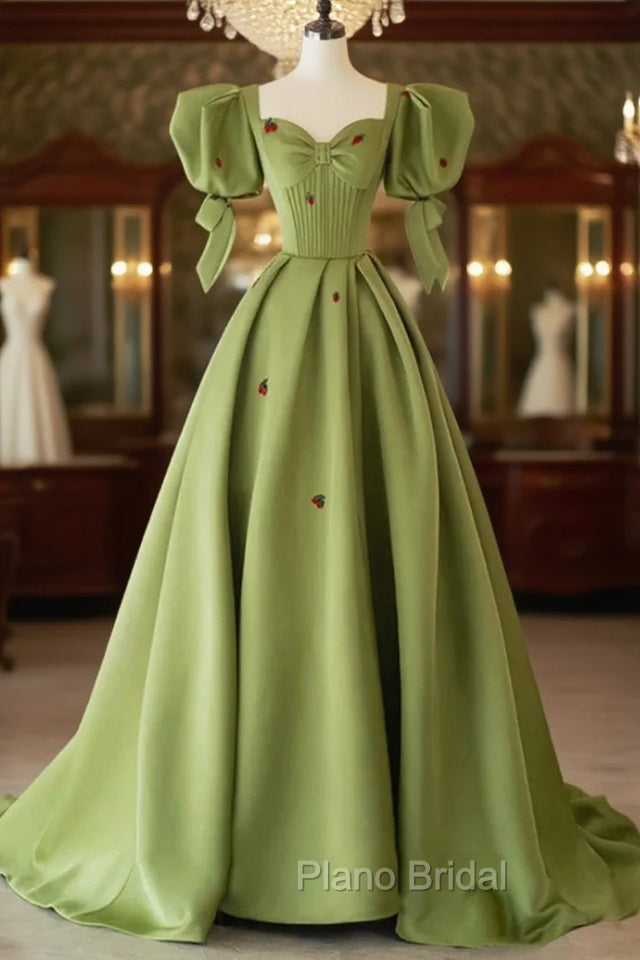 Green A-Line Long Formal Prom Dresses Strawberry Lace, Lovely Short Sleeve Evening Dresses Main image