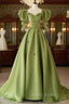 Green A-Line Long Formal Prom Dresses Strawberry Lace, Lovely Short Sleeve Evening Dresses