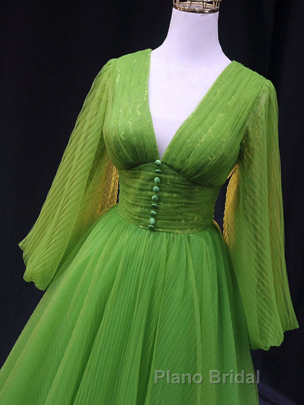 Green A Line Long Formal Prom Dresses, V Neck Green Tulle Long Formal Evening Dresses Secondary image