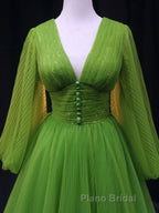 Green A Line Long Formal Prom Dresses, V Neck Green Tulle Long Formal Evening Dresses