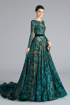 A-Line Luxury Sequins Long Sleeve Backless Prom Dresses