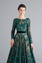 A-Line Luxury Sequins Long Sleeve Backless Prom Dresses