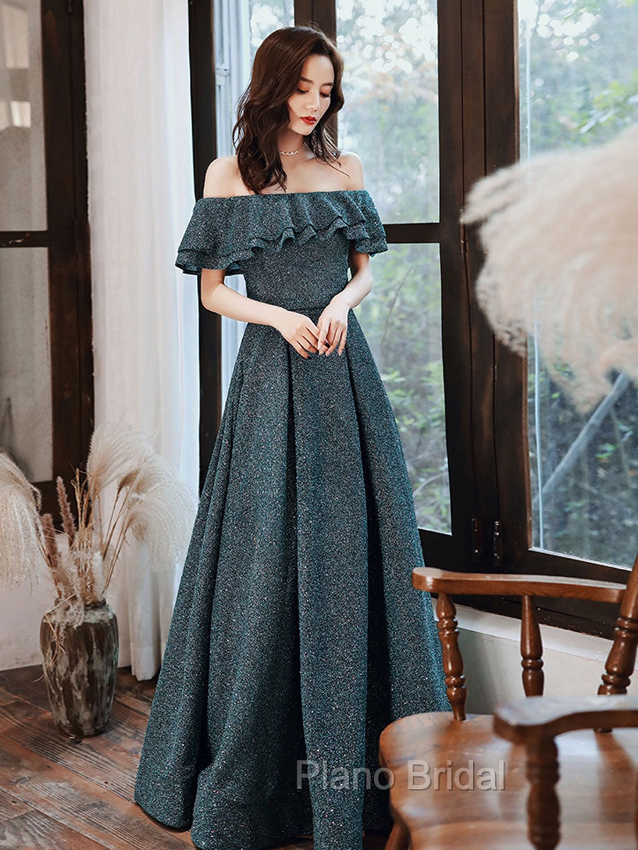 Green A Line Off Shoulder Long Formal Prom Dresses, Green Bridesmaid Dresses Secondary image
