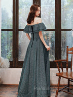 Green A Line Off Shoulder Long Formal Prom Dresses, Green Bridesmaid Dresses