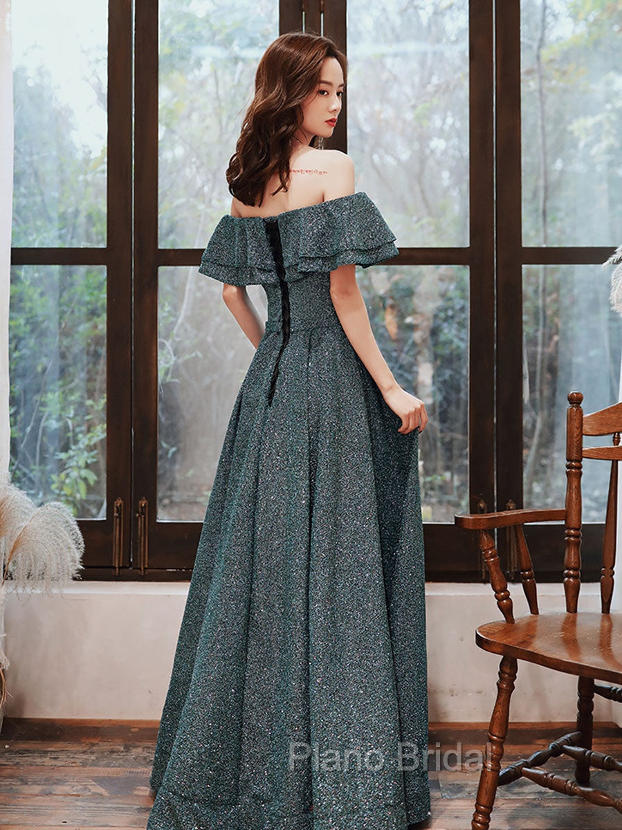 Green A Line Off Shoulder Long Formal Prom Dresses, Green Bridesmaid Dresses