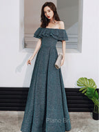 Green A Line Off Shoulder Long Formal Prom Dresses, Green Bridesmaid Dresses
