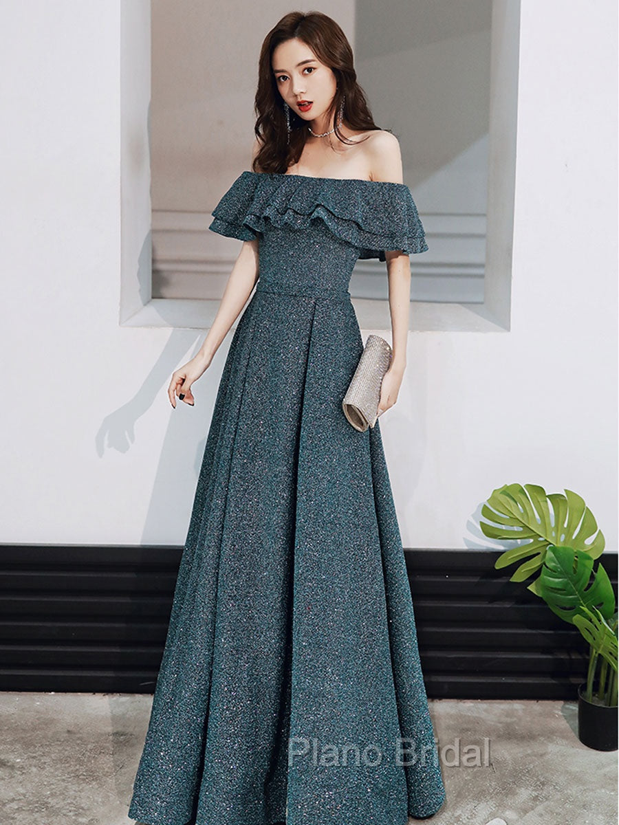 Green A Line Off Shoulder Long Formal Prom Dresses, Green Bridesmaid Dresses