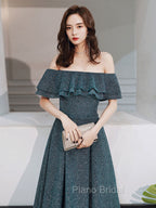 Green A Line Off Shoulder Long Formal Prom Dresses, Green Bridesmaid Dresses