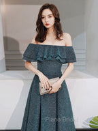 Green A Line Off Shoulder Long Formal Prom Dresses, Green Bridesmaid Dresses