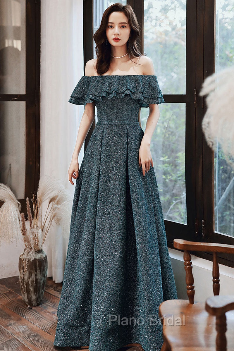 Green A Line Off Shoulder Long Formal Prom Dresses, Green Bridesmaid Dresses Main image