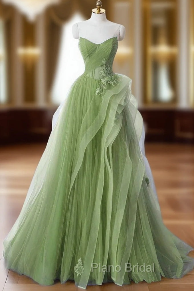 Green A-Line Long Formal Prom Dresses, Green Lace Long Evening Dresses Main image