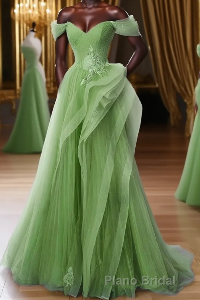 Green A-Line Off Shoulder Long Formal Prom Dresses Lace Long Evening Dresses