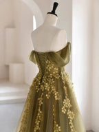 Olive Green A-Line  Off Shoulder Tulle Lace Long Formal Prom Dresses, Green Tulle Formal Dresses