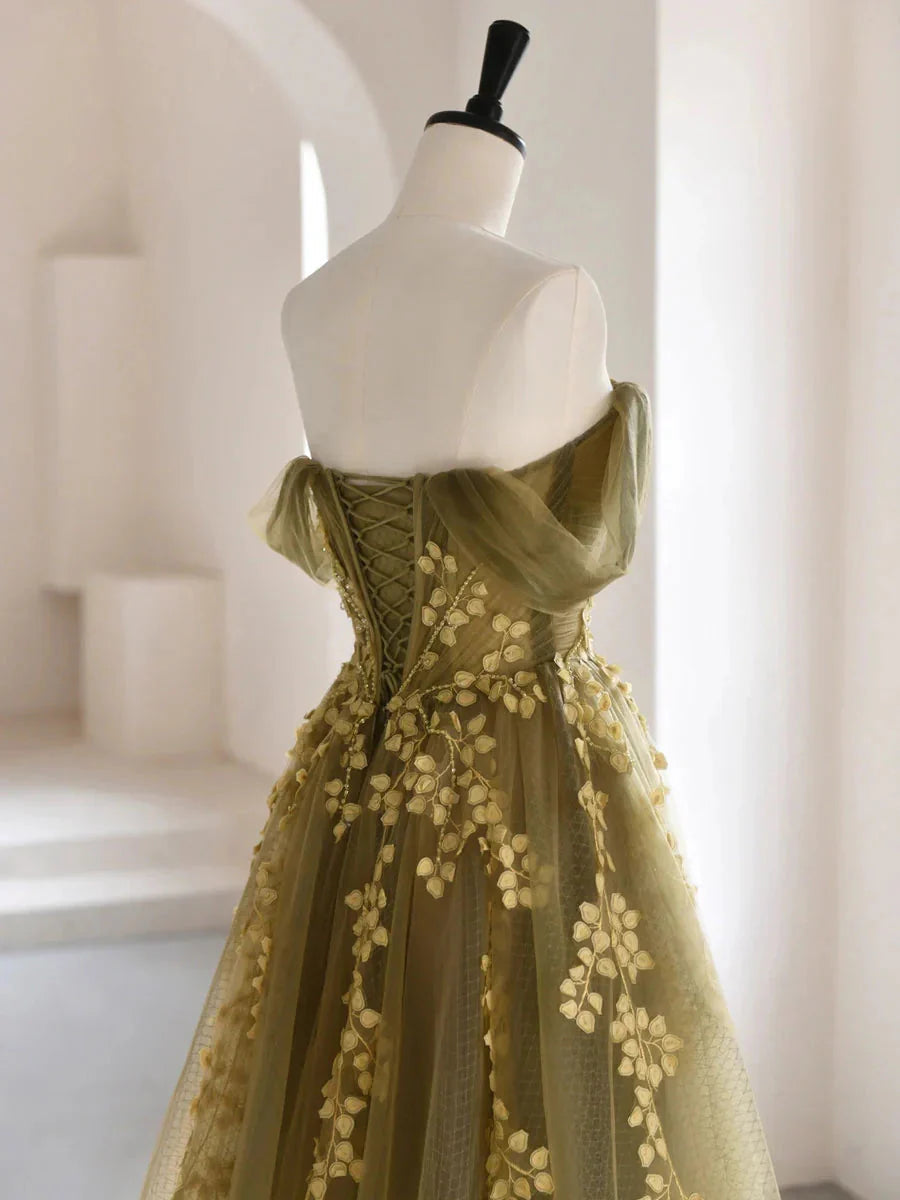 Olive Green A-Line  Off Shoulder Tulle Lace Long Formal Prom Dresses, Green Tulle Formal Dresses