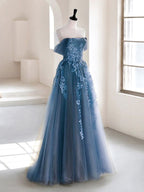 Olive Green A-Line  Off Shoulder Tulle Lace Long Formal Prom Dresses, Green Tulle Formal Dresses