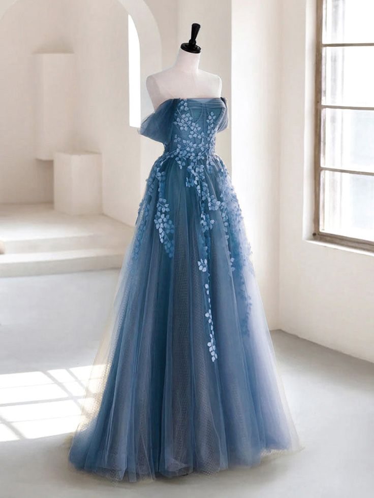 Olive Green A-Line  Off Shoulder Tulle Lace Long Formal Prom Dresses, Green Tulle Formal Dresses