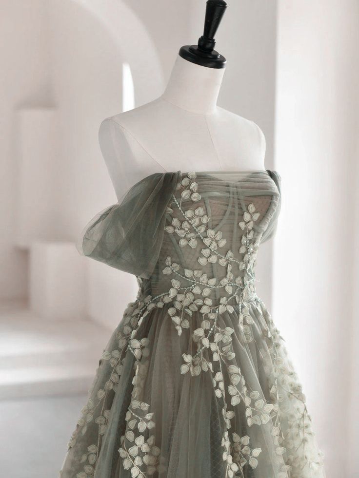Olive Green A-Line  Off Shoulder Tulle Lace Long Formal Prom Dresses, Green Tulle Formal Dresses