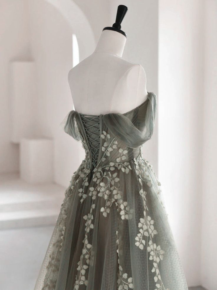 Olive Green A-Line  Off Shoulder Tulle Lace Long Formal Prom Dresses, Green Tulle Formal Dresses