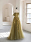 Olive Green A-Line  Off Shoulder Tulle Lace Long Formal Prom Dresses, Green Tulle Formal Dresses
