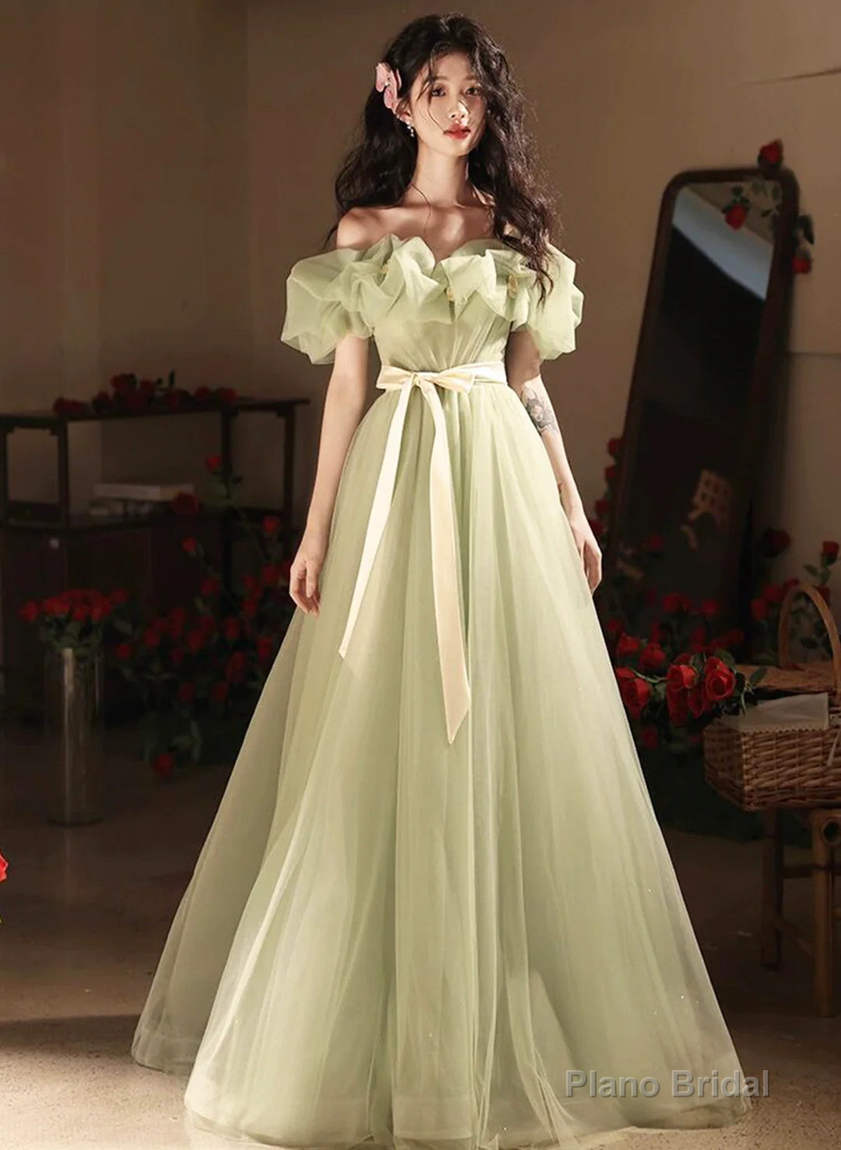 Green A-line Off Shoulder Tulle Prom Dress Party Dress, Green Tulle Prom Dress Secondary image
