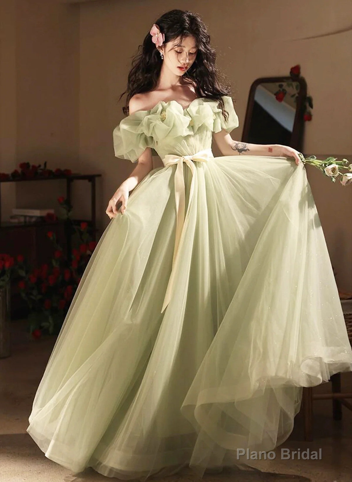 Green A-line Off Shoulder Tulle Prom Dress Party Dress, Green Tulle Prom Dress Main image