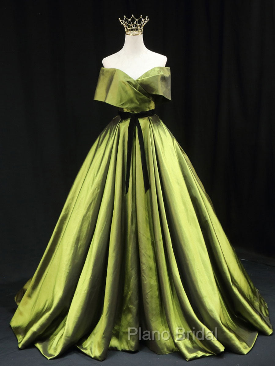 Green A line Satin Long Formal Prom Dresses, Green Satin Formal Evening Dresses Main image
