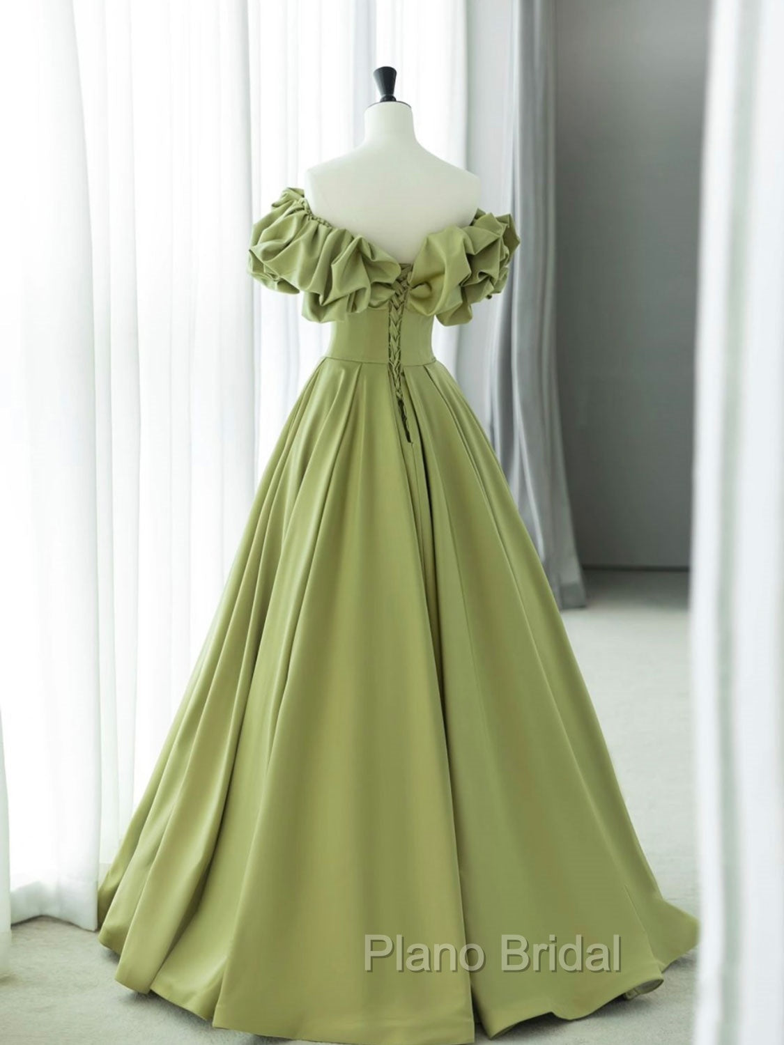 Green A-Line Satin Long Formal Prom Dresses, Green Formal Evening Dresses