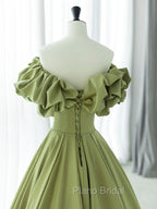 Green A-Line Satin Long Formal Prom Dresses, Green Formal Evening Dresses