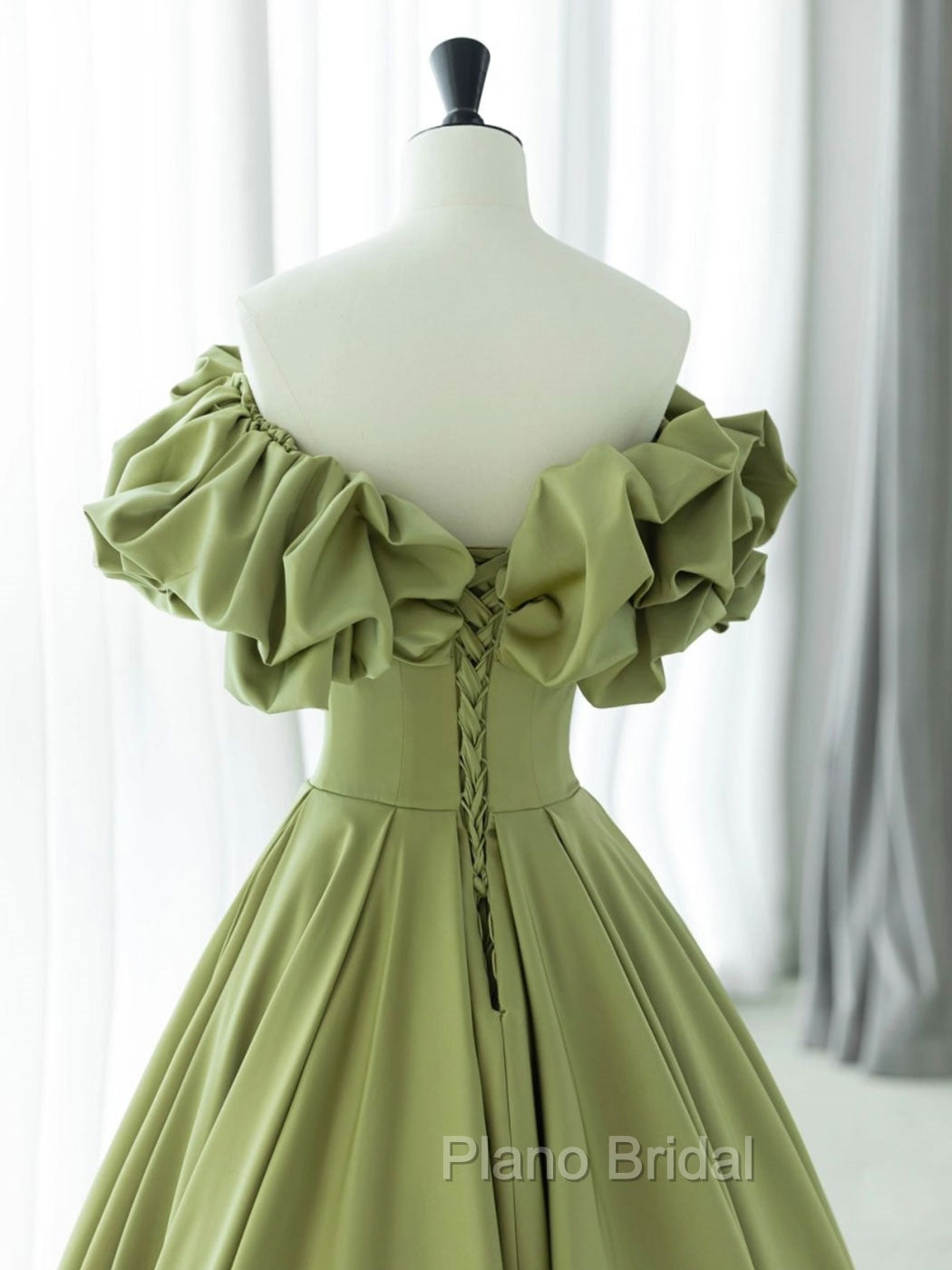 Green A-Line Satin Long Formal Prom Dresses, Green Formal Evening Dresses