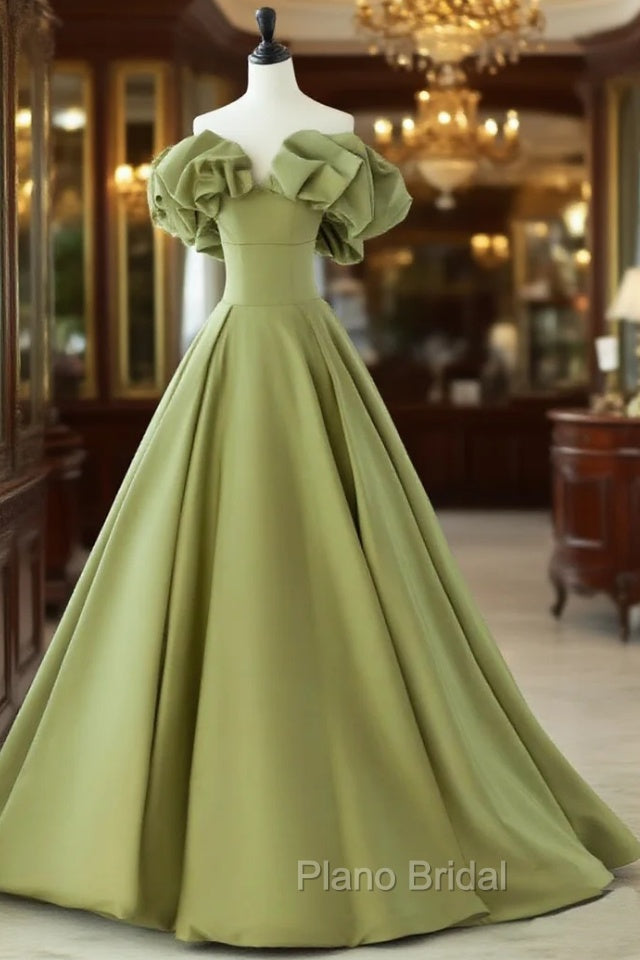 Green A-Line Satin Long Formal Prom Dresses, Green Formal Evening Dresses