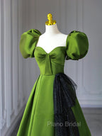 Green A-Line Satin Sweetheart Short Sleeves Party Dresses, Green Long Formal Prom Dresses