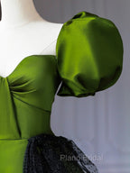 Green A-Line Satin Sweetheart Short Sleeves Party Dresses, Green Long Formal Prom Dresses