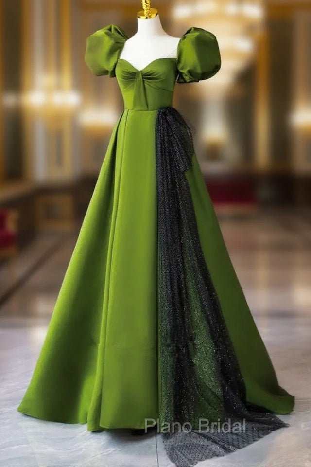 Green A-Line Satin Sweetheart Short Sleeves Party Dresses, Green Long Formal Prom Dresses