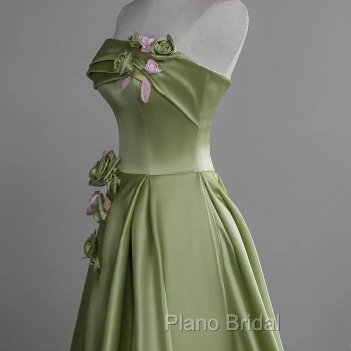 Green A-line Satin with Flowers Long Evening Dresses, Green Satin Formal Prom Dresses Secondary image